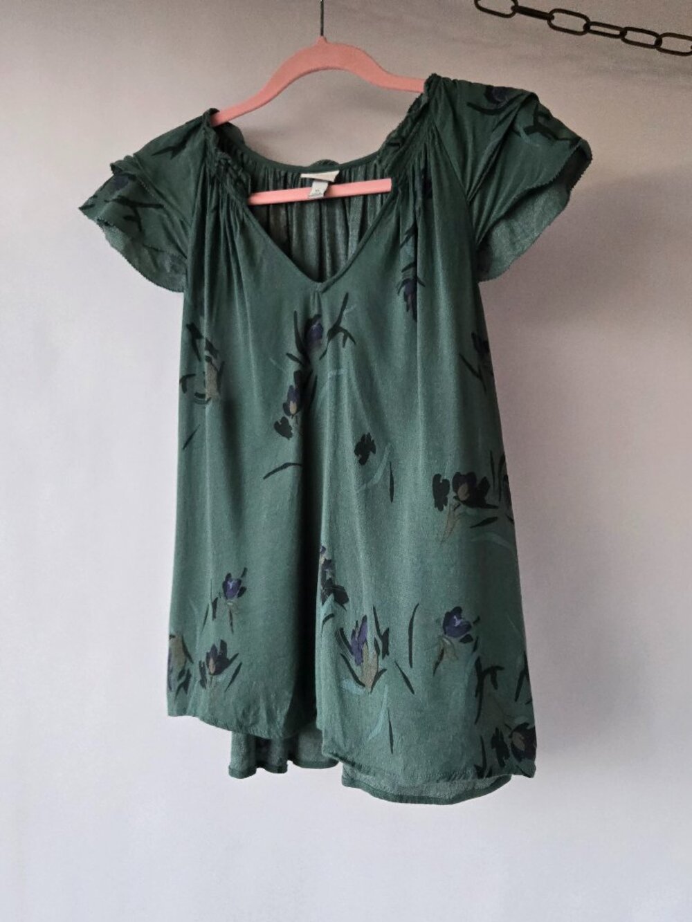 Forest Green Flutter Sleeve Top Boho Grunge Autumn XLarge